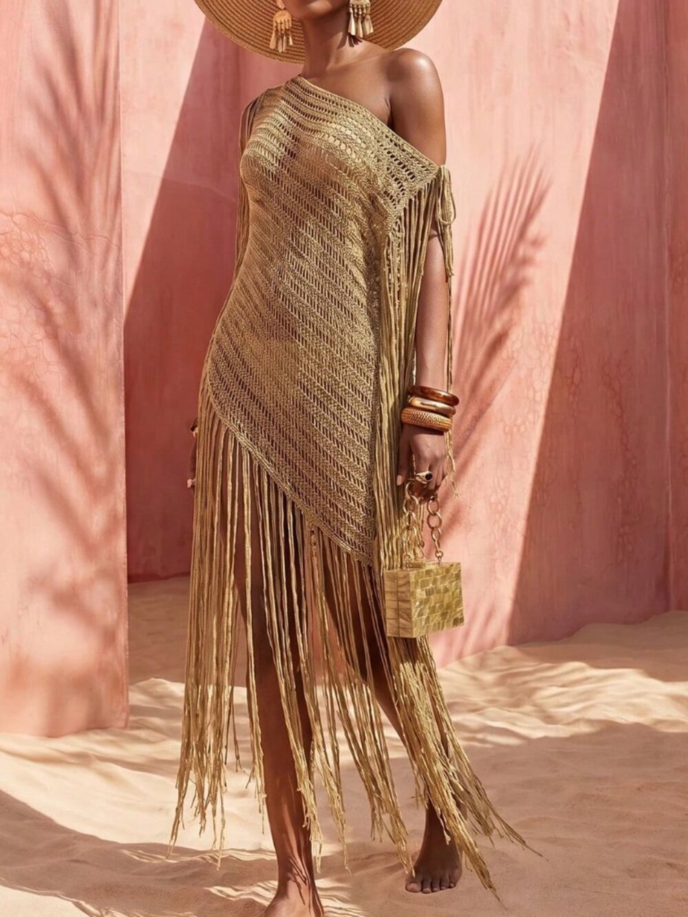 Khaki Knitted Off-Shoulder Women's Boho Tasseled Shawl Cover-Up Dress